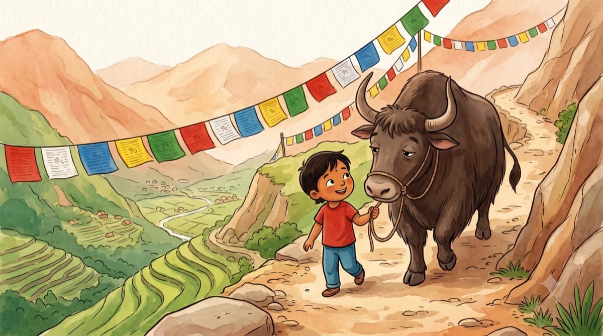 Child walking with a yak in the mountains